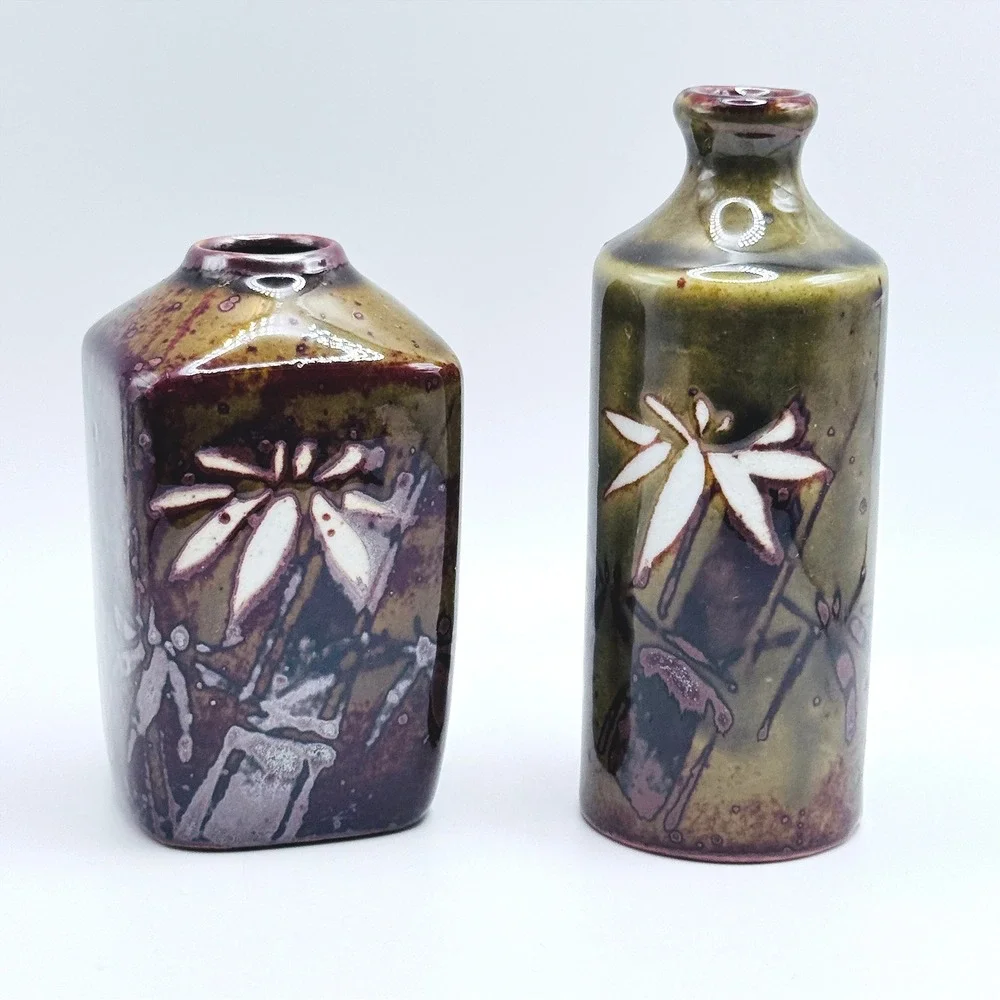 Vintage Japanese Ceramic Bud Vase Set Rainbow MCM Green Earth Tone Floral‎ 2